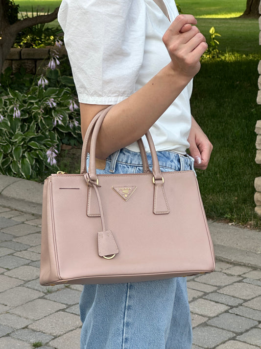 Prada Beige Saffiano Leather Double Zip Galleria Tote with Strap