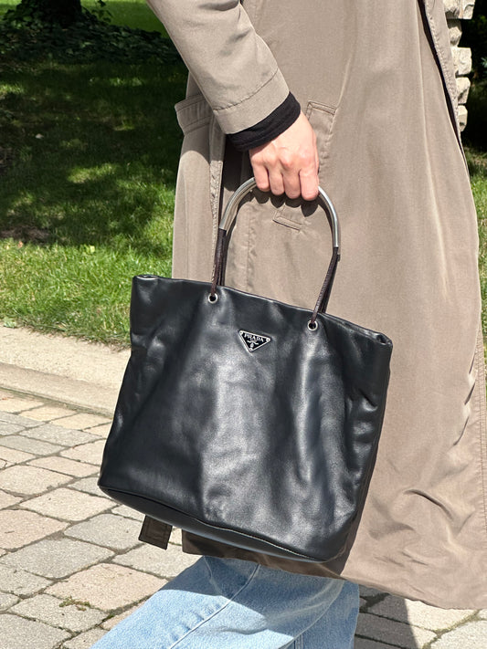 PRADA Rare Black Lambskin Tote Bag Silver Handles