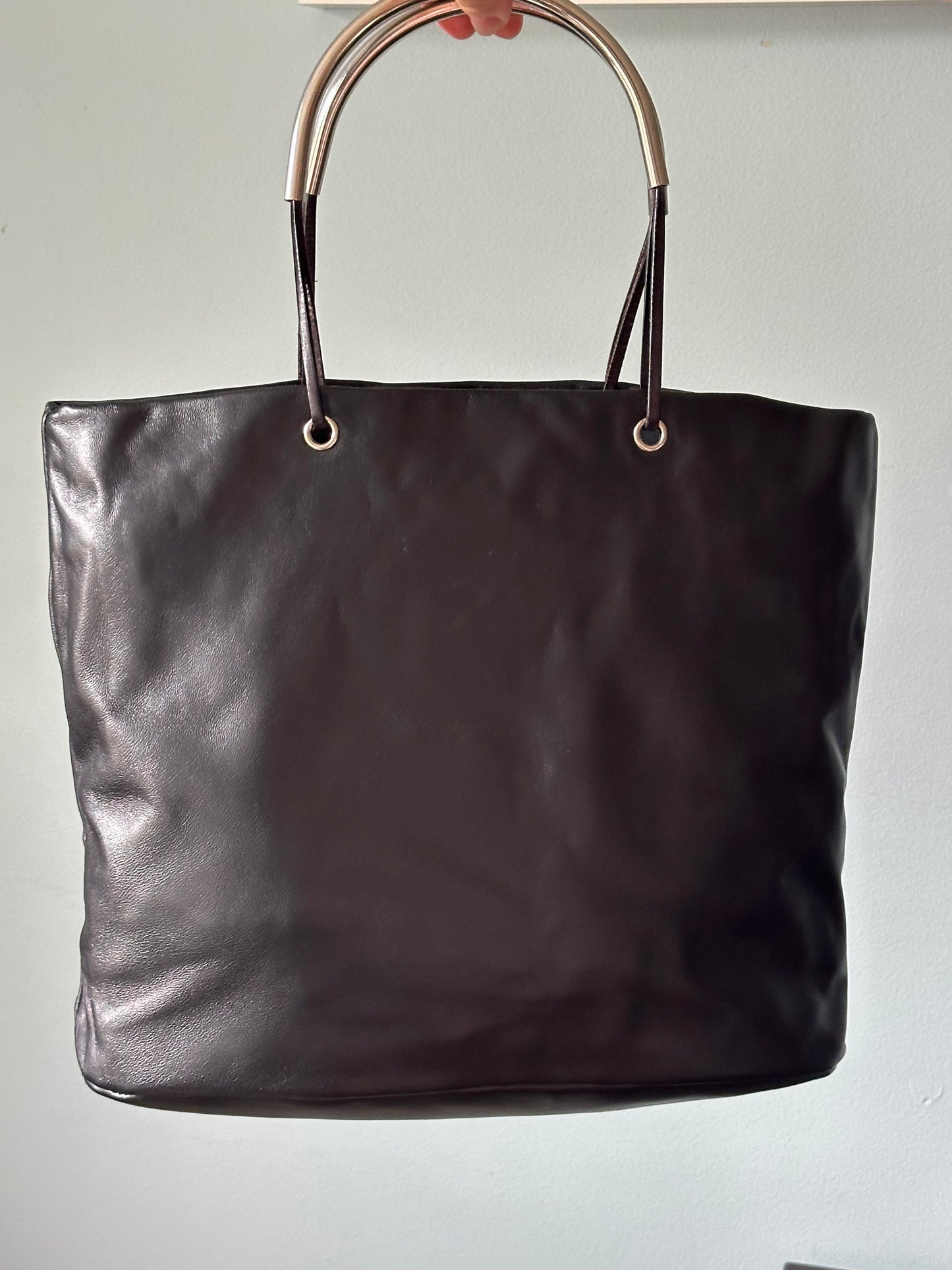 PRADA Rare Black Lambskin Tote Bag Silver Handles