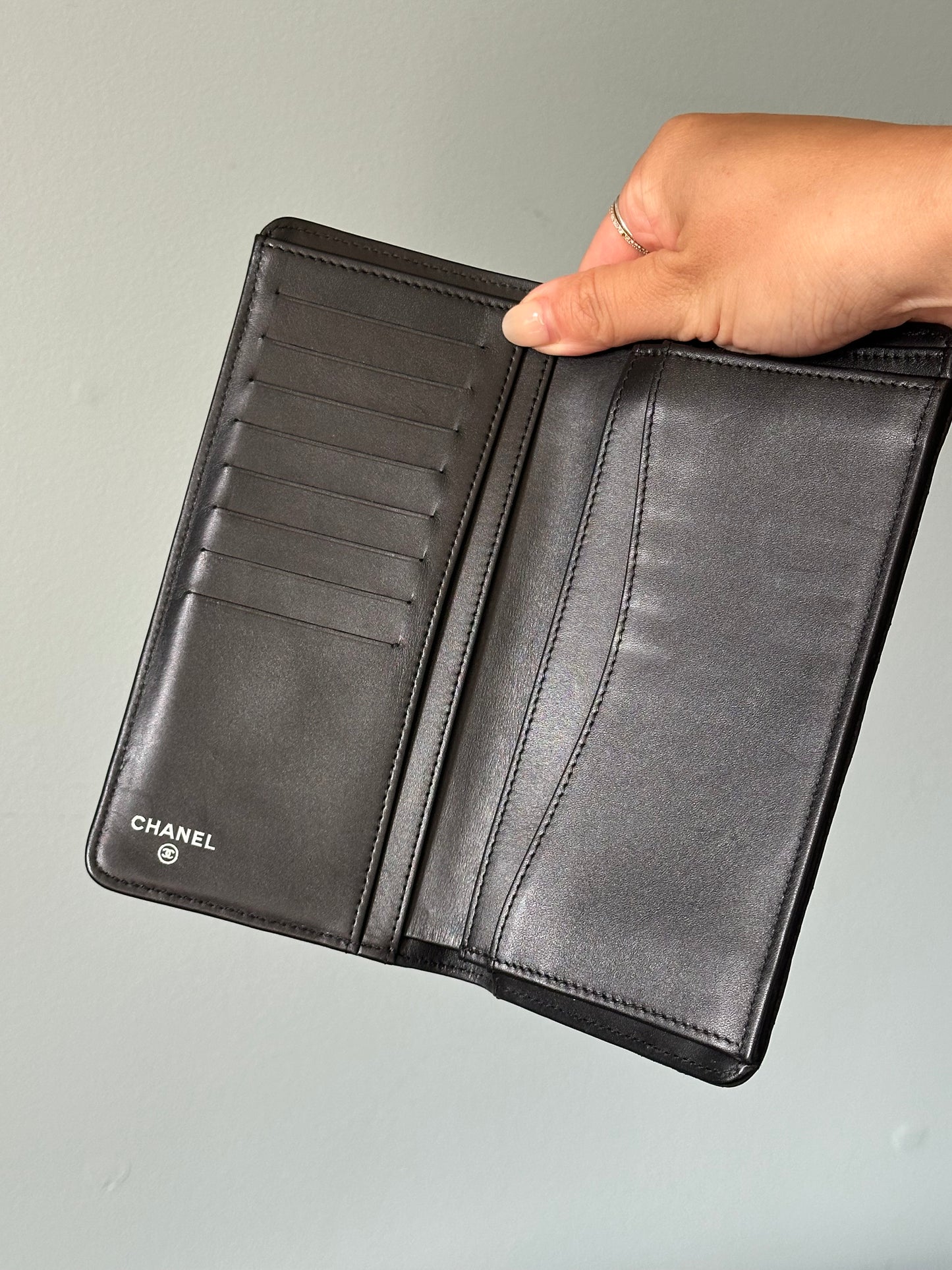 Chanel Black Quilted Caviar Leather Long Flap Wallet (Silver Hardware)