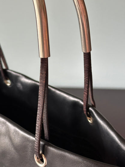 PRADA Rare Black Lambskin Tote Bag Silver Handles
