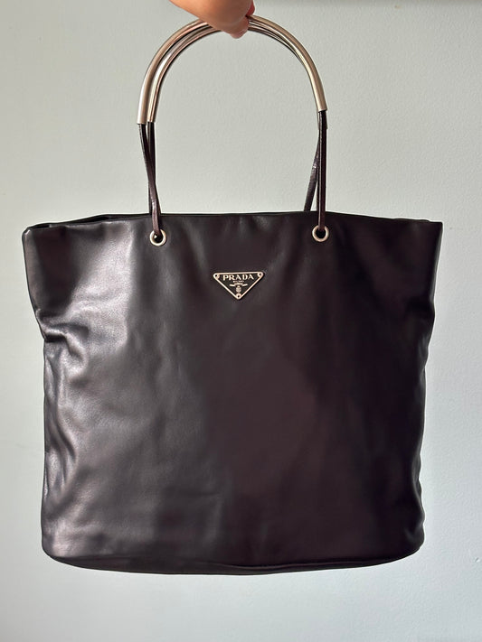 PRADA Rare Black Lambskin Tote Bag Silver Handles