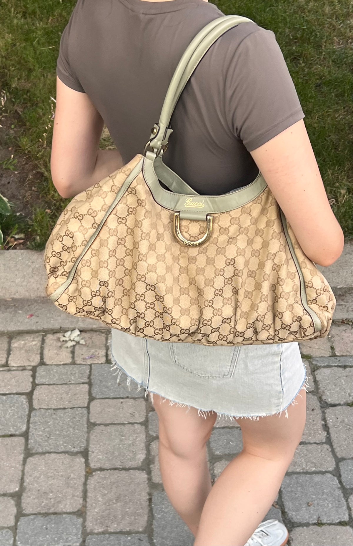 Gucci GG Canvas Abbey D-Ring Shoulder Bag Hobo Tote - Pistachio Green