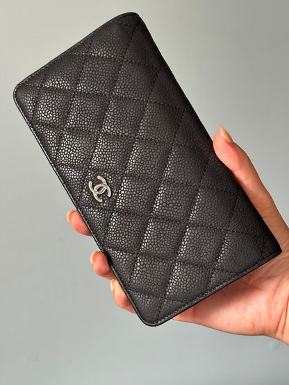 Chanel Black Quilted Caviar Leather Long Flap Wallet (Silver Hardware)