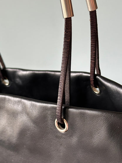 PRADA Rare Black Lambskin Tote Bag Silver Handles