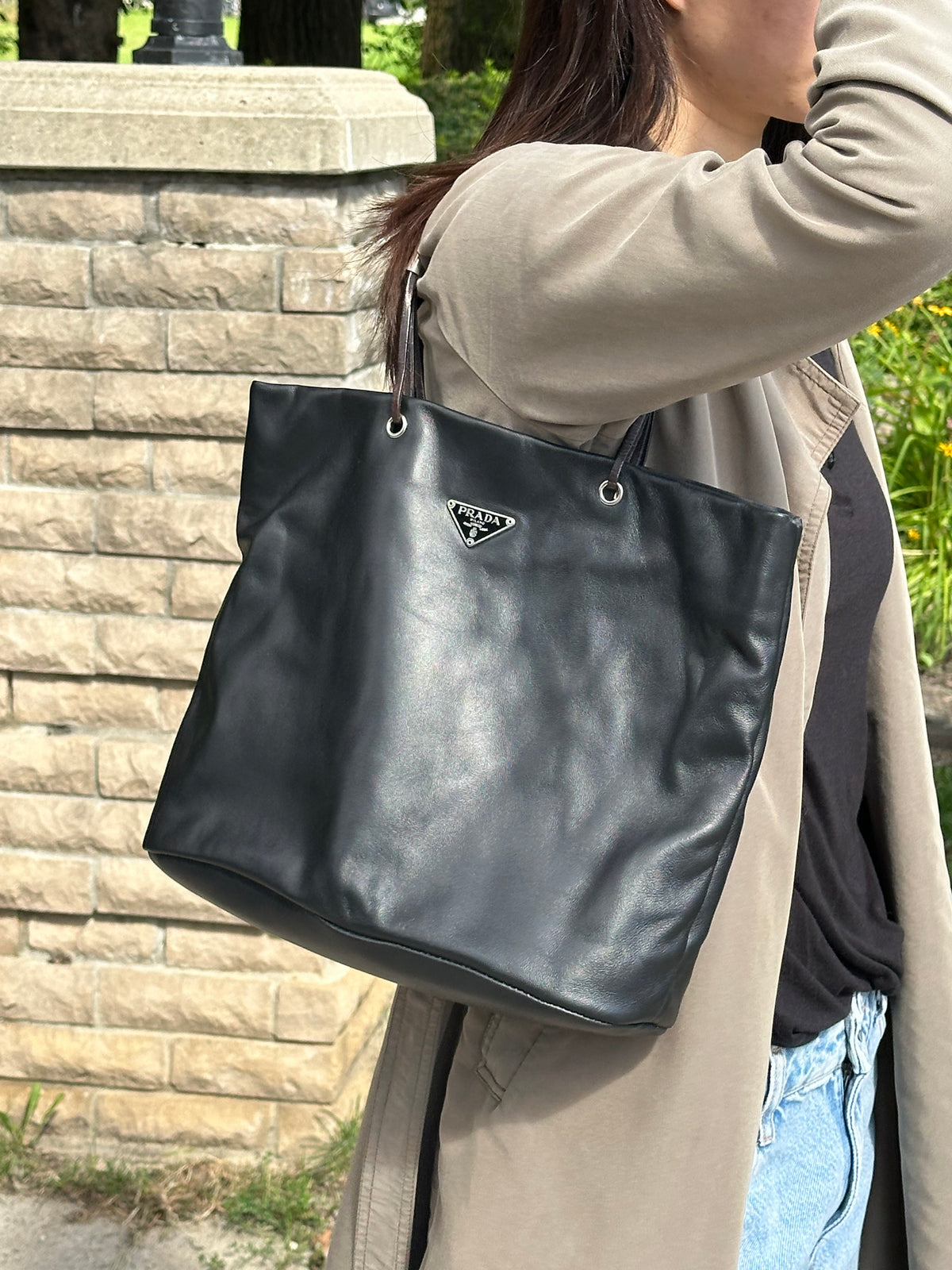 PRADA Rare Black Lambskin Tote Bag Silver Handles
