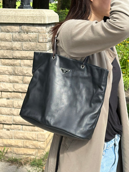 PRADA Rare Black Lambskin Tote Bag Silver Handles