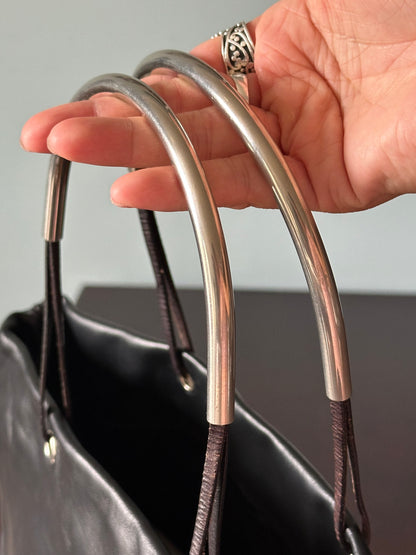 PRADA Rare Black Lambskin Tote Bag Silver Handles