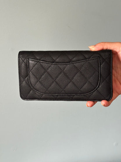 Chanel Black Quilted Caviar Leather Long Flap Wallet (Silver Hardware)