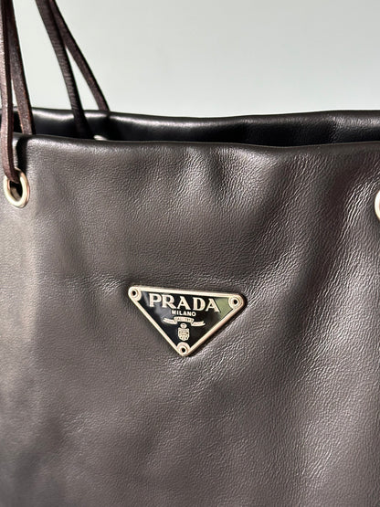 PRADA Rare Black Lambskin Tote Bag Silver Handles