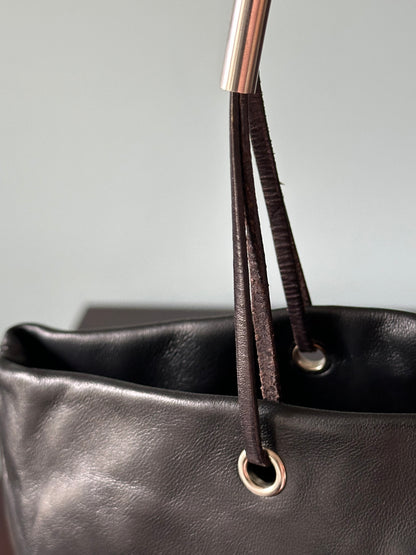 PRADA Rare Black Lambskin Tote Bag Silver Handles
