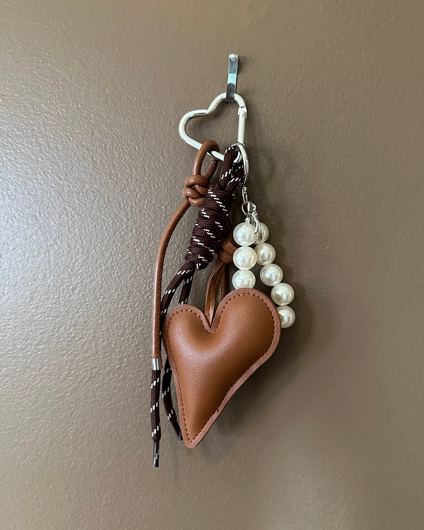 Brown Leather Heart Pearl Bag Charm