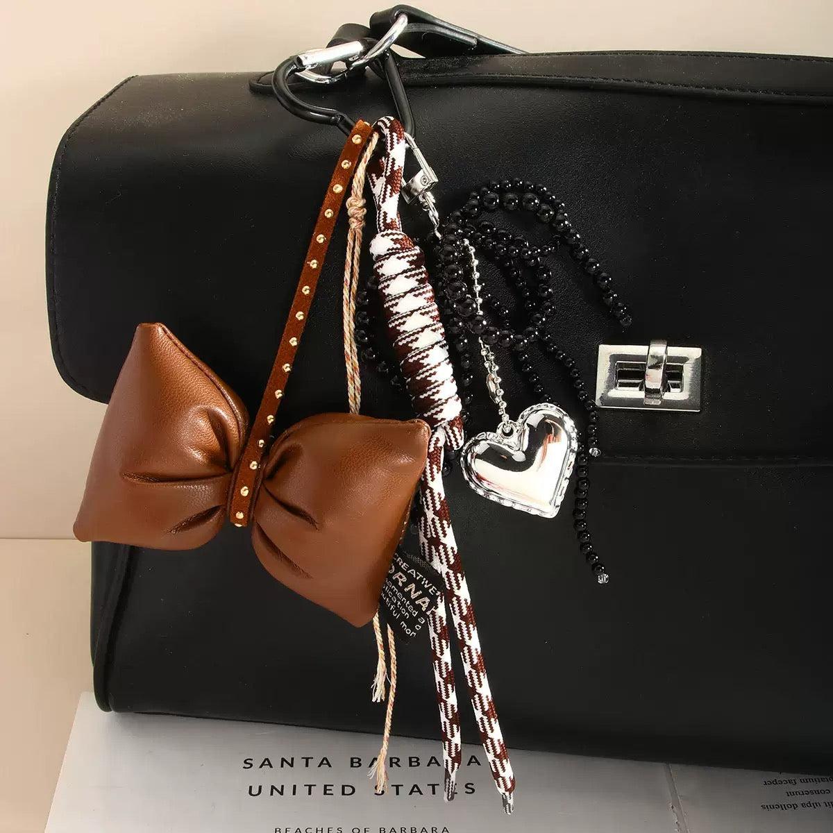 Brown Leather Bow Bag Charm