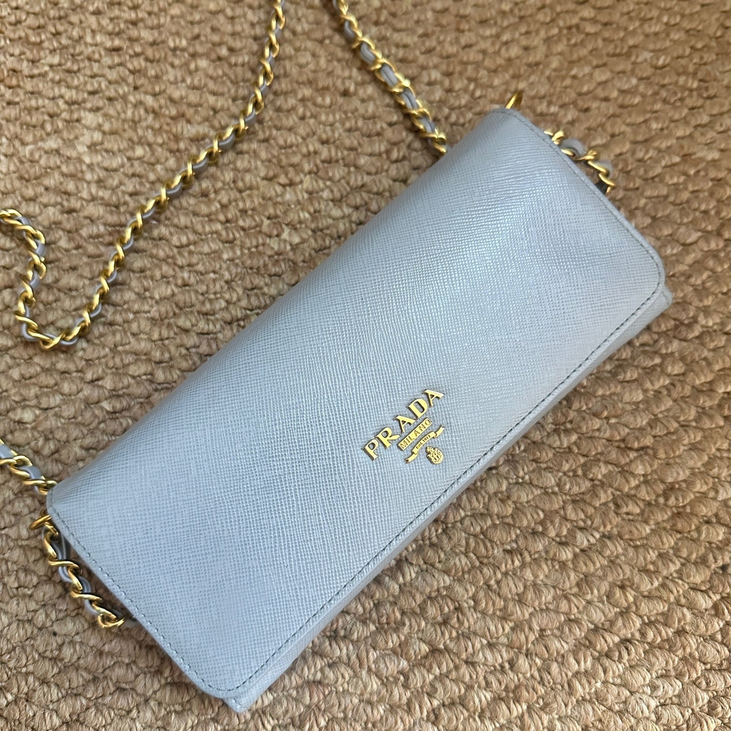 (Coming Soon) Prada Saffiano Long Wallet Baby Blue (With Chain)