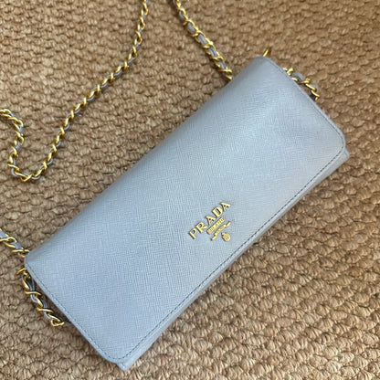 (Coming Soon) Prada Saffiano Long Wallet Baby Blue (With Chain)