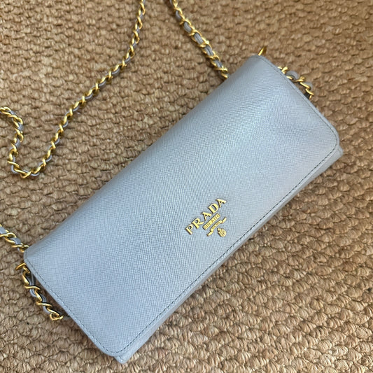 (Coming Soon) Prada Saffiano Long Wallet Baby Blue (With Chain)