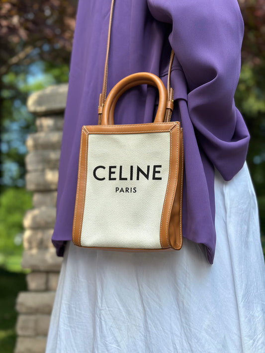 Celine Vertical Cabas Canvas with Leather Mini Tote Bag
