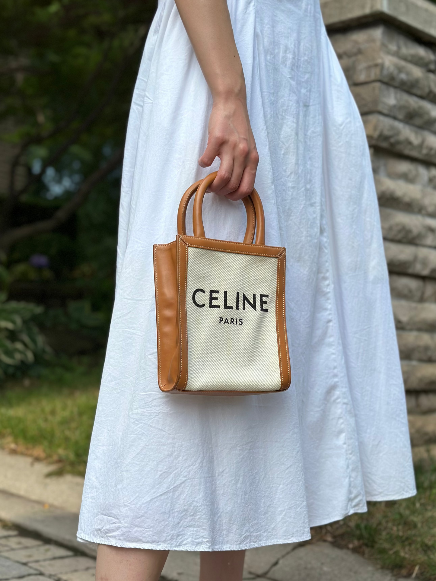 Celine Vertical Cabas Canvas with Leather Mini Tote Bag