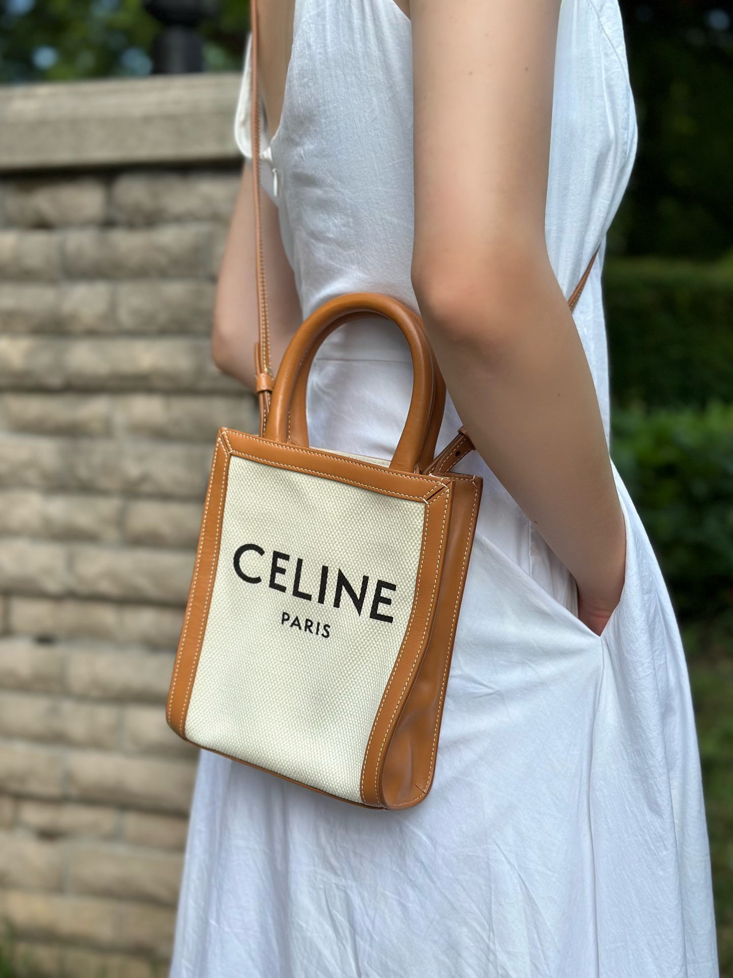 Celine Vertical Cabas Canvas with Leather Mini Tote Bag
