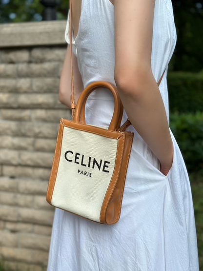 Celine Vertical Cabas Canvas with Leather Mini Tote Bag
