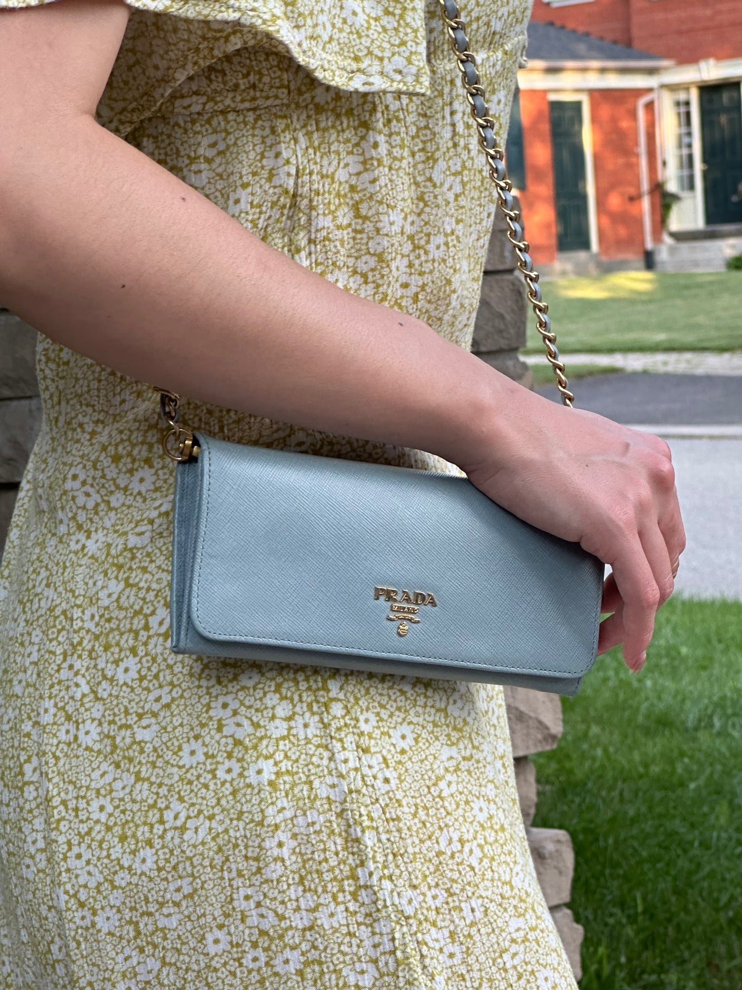 Prada Baby Blue Saffiano Continental Wallet with Chain