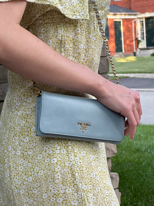 Prada Baby Blue Saffiano Continental Wallet with Chain