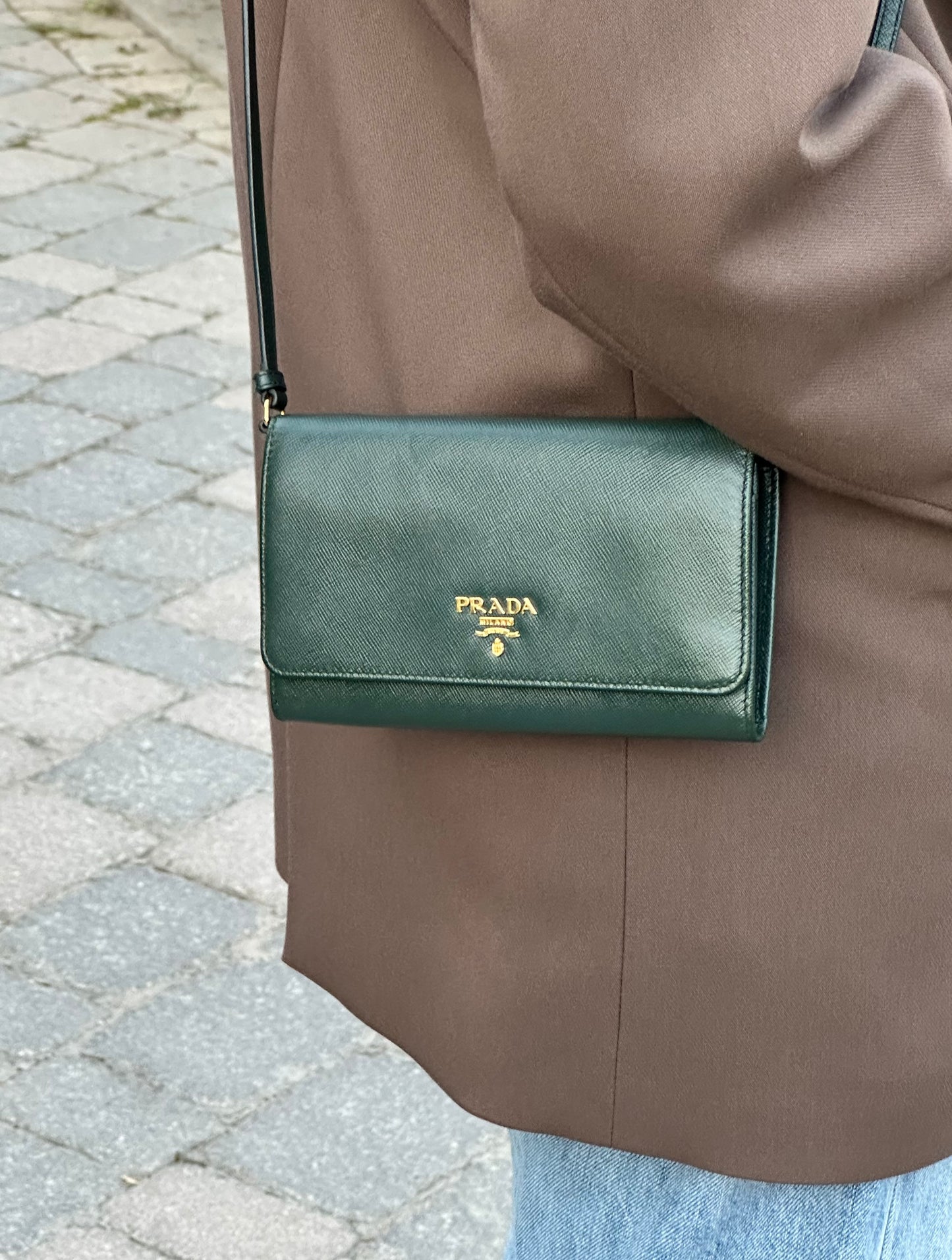 Prada Emerald Green Saffiano Continental Wallet on Strap
