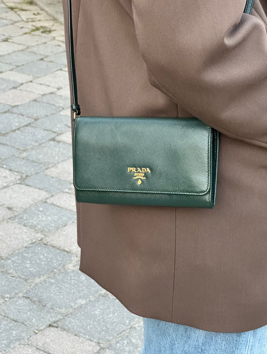 Prada Emerald Green Saffiano Continental Wallet on Strap