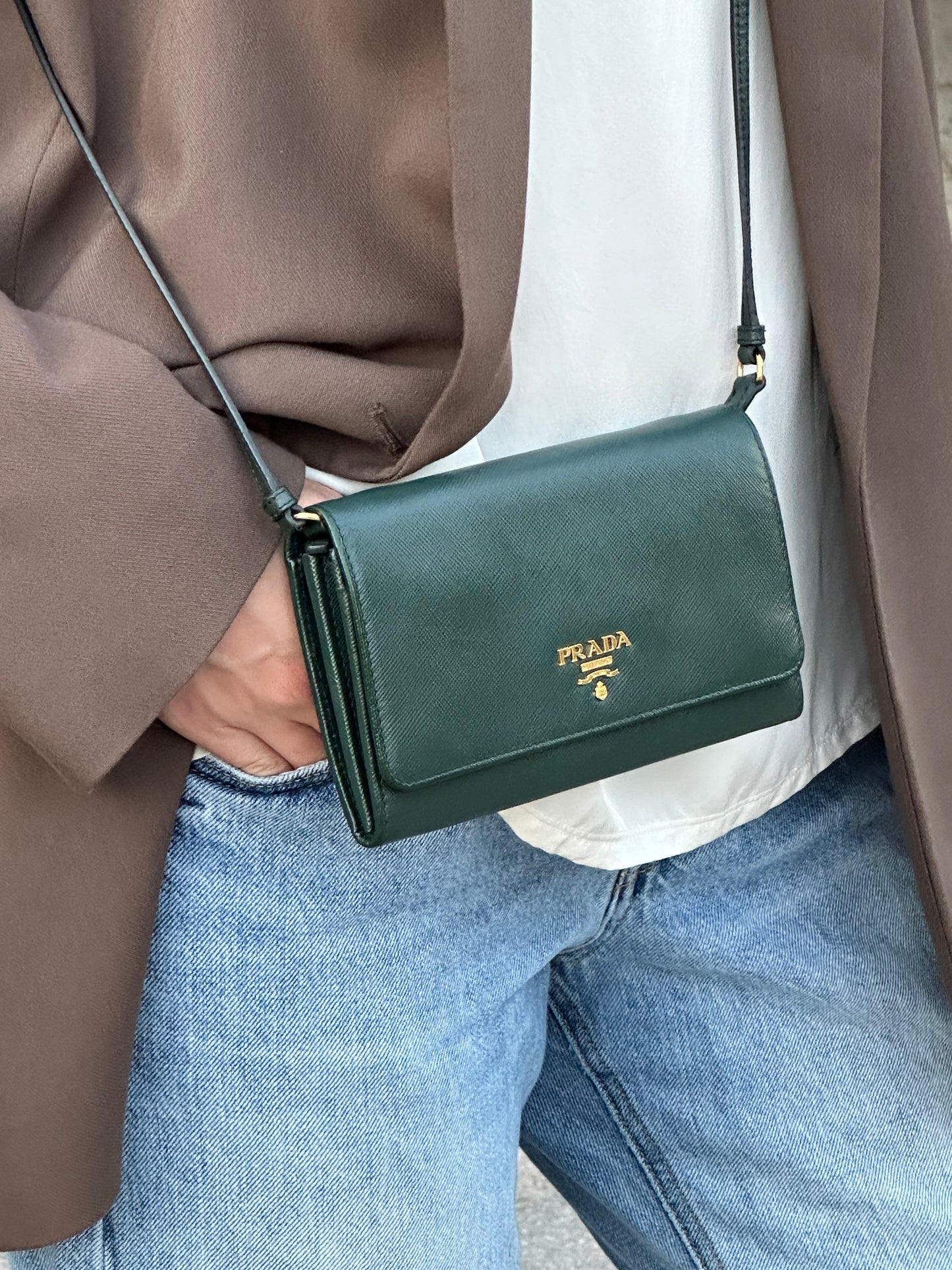 Prada Emerald Green Saffiano Continental Wallet on Strap