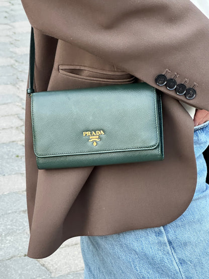 Prada Emerald Green Saffiano Continental Wallet on Strap