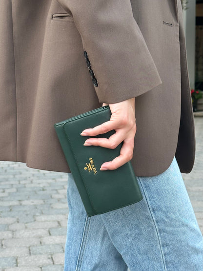 Prada Emerald Green Saffiano Continental Wallet on Strap