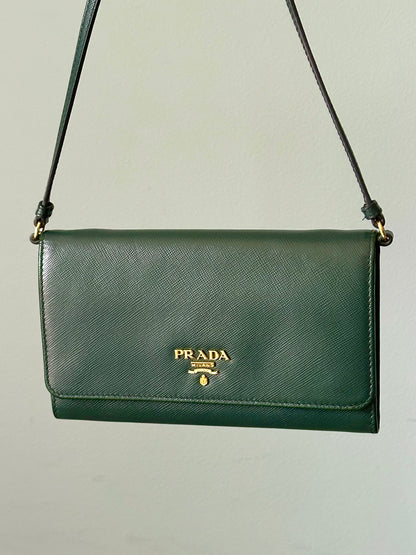 Prada Emerald Green Saffiano Continental Wallet on Strap