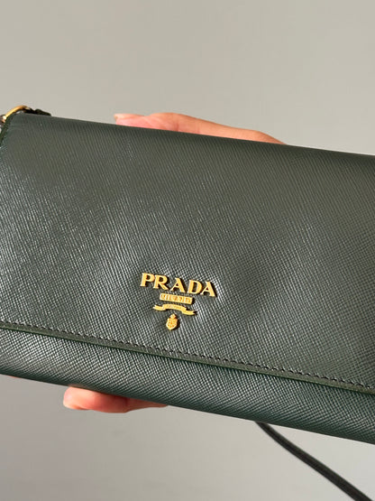 Prada Emerald Green Saffiano Continental Wallet on Strap