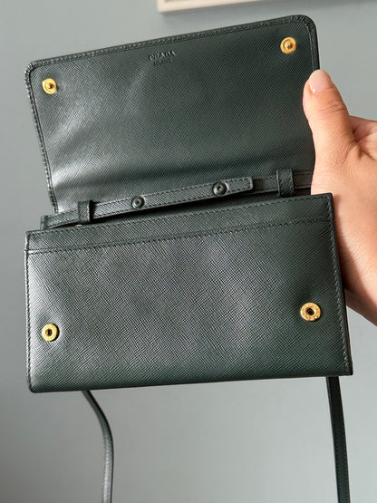 Prada Emerald Green Saffiano Continental Wallet on Strap