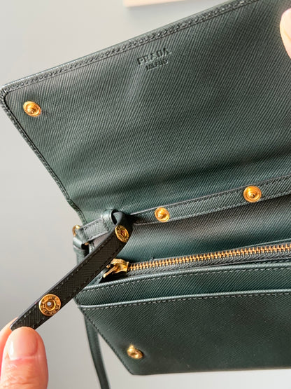 Prada Emerald Green Saffiano Continental Wallet on Strap