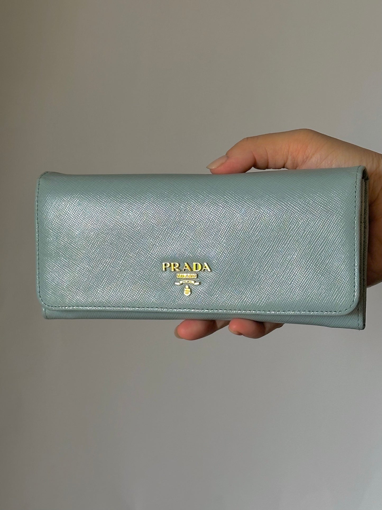 Prada Baby Blue Saffiano Continental Wallet with Chain