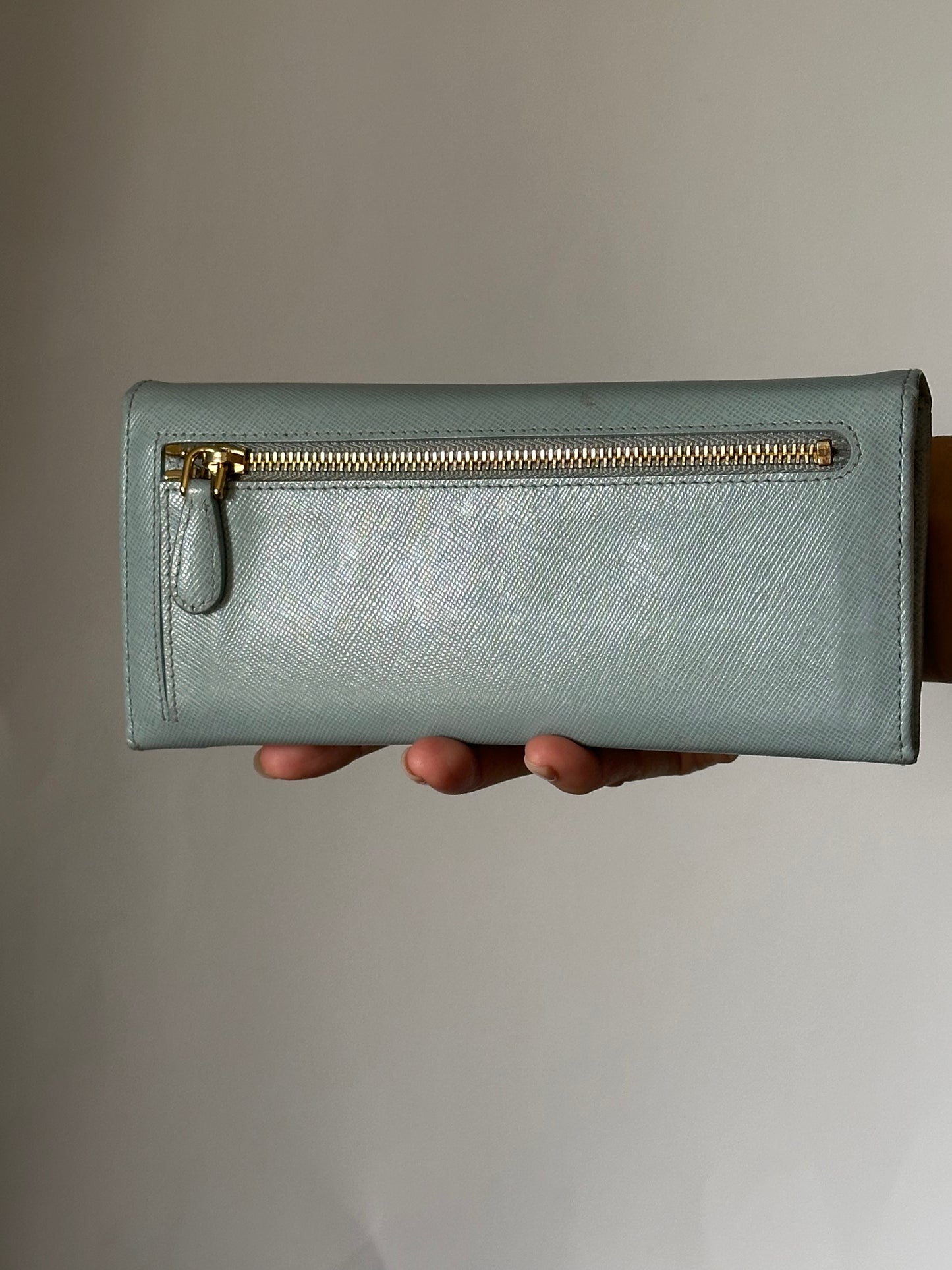 Prada Baby Blue Saffiano Continental Wallet with Chain