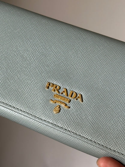 Prada Baby Blue Saffiano Continental Wallet with Chain