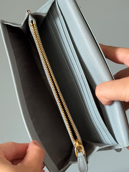Prada Baby Blue Saffiano Continental Wallet with Chain