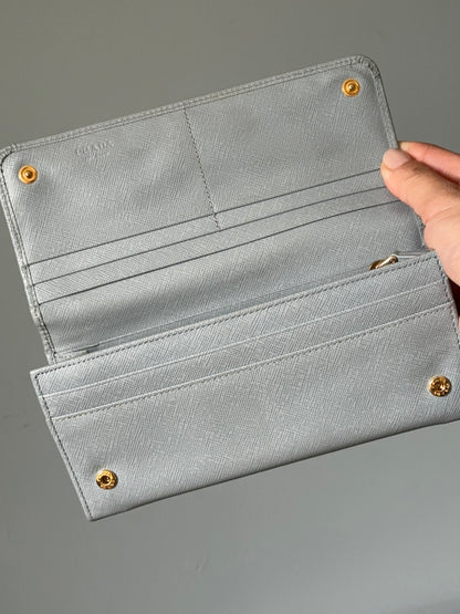Prada Baby Blue Saffiano Continental Wallet with Chain