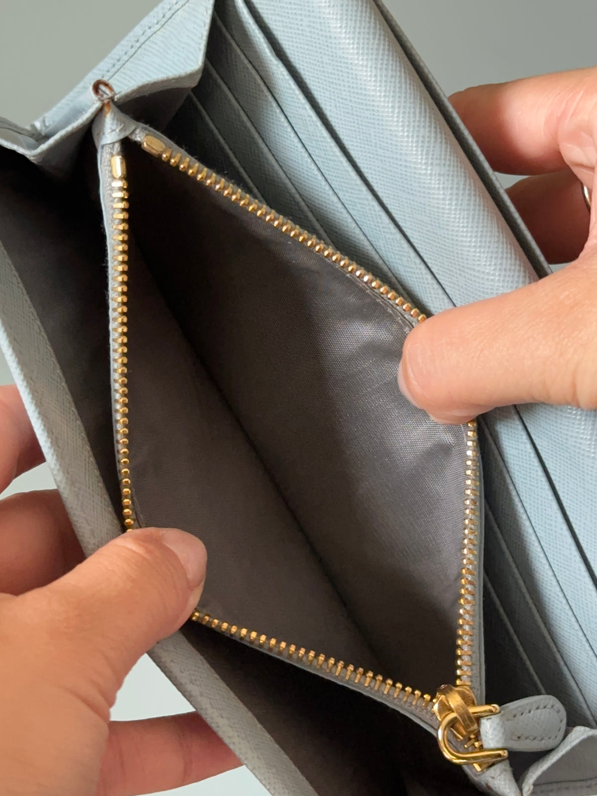 Prada Baby Blue Saffiano Continental Wallet with Chain