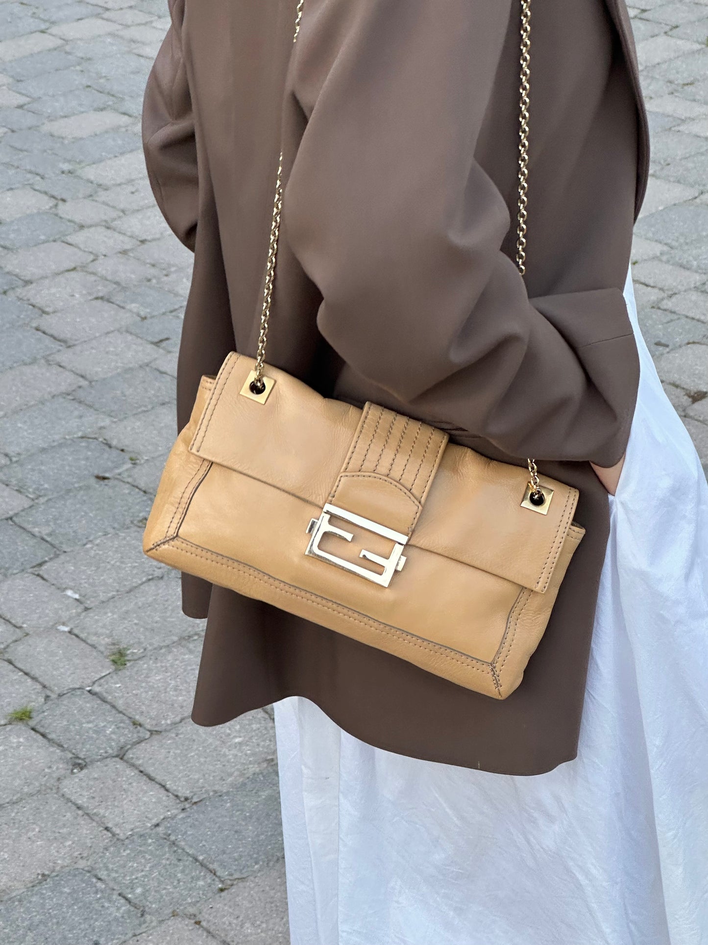 Fendi Lambskin Sand Beige Baguette Convertible Bag
