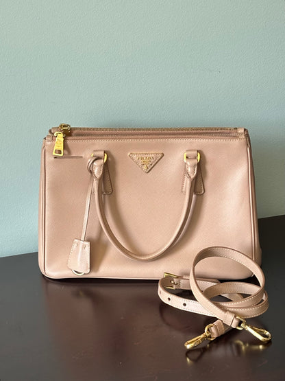 Prada Beige Saffiano Leather Double Zip Galleria Tote with Strap