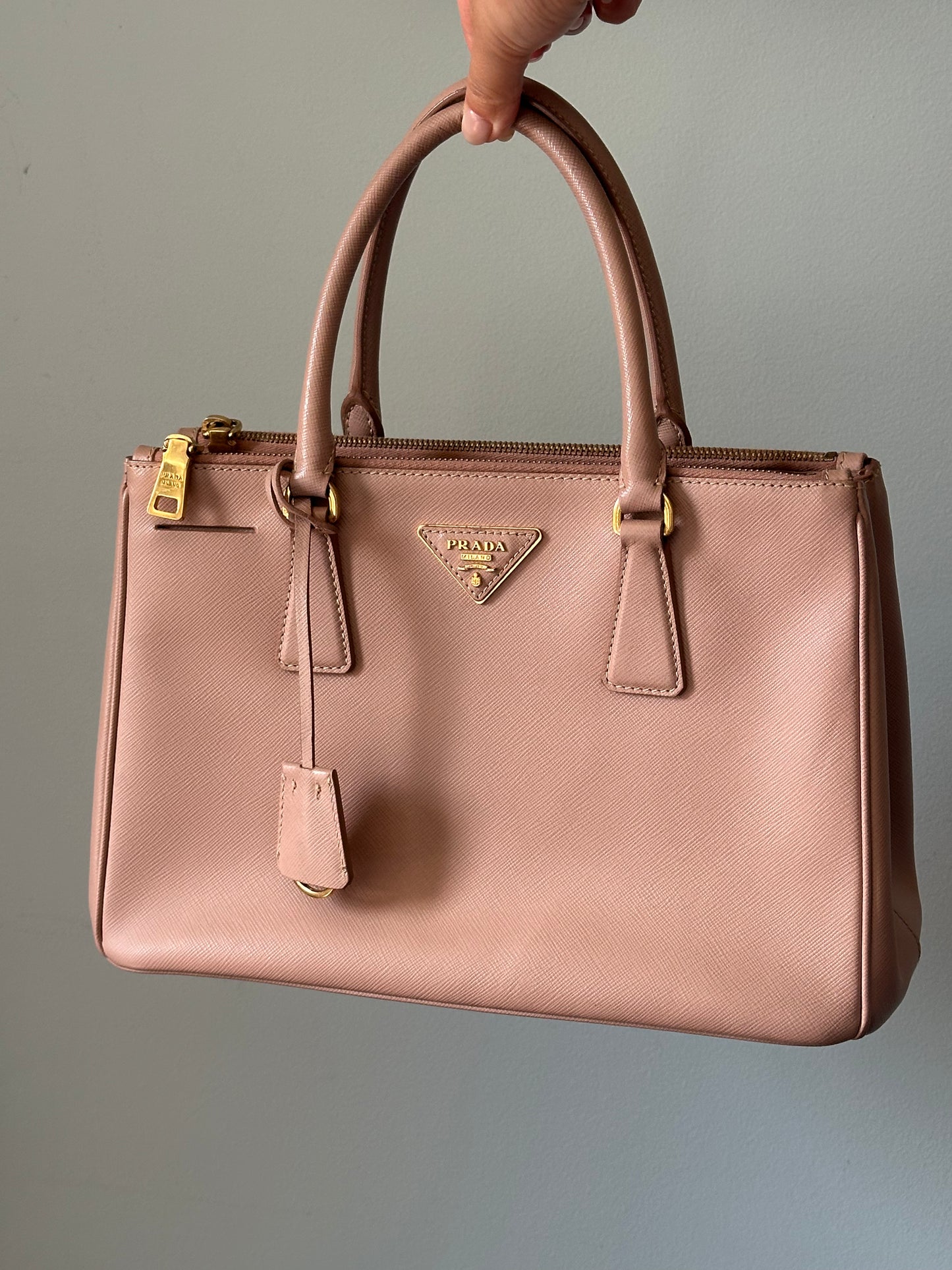 Prada Beige Saffiano Leather Double Zip Galleria Tote with Strap