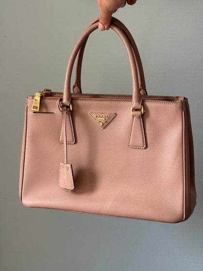 Prada Beige Saffiano Leather Double Zip Galleria Tote with Strap
