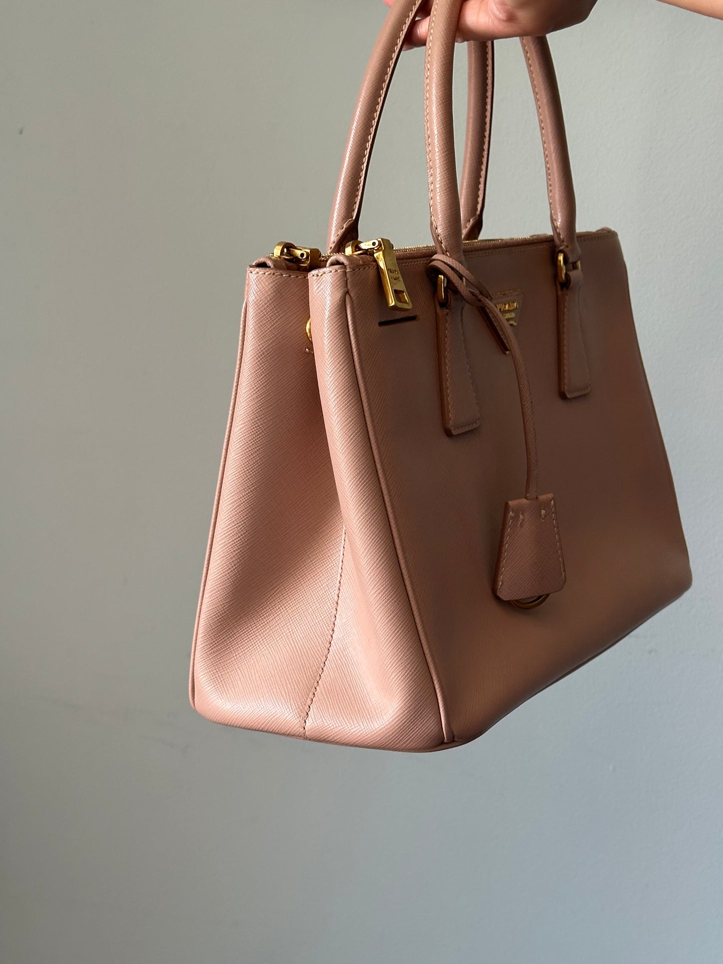 Prada Beige Saffiano Leather Double Zip Galleria Tote with Strap