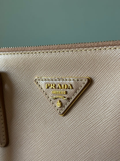Prada Beige Saffiano Leather Double Zip Galleria Tote with Strap