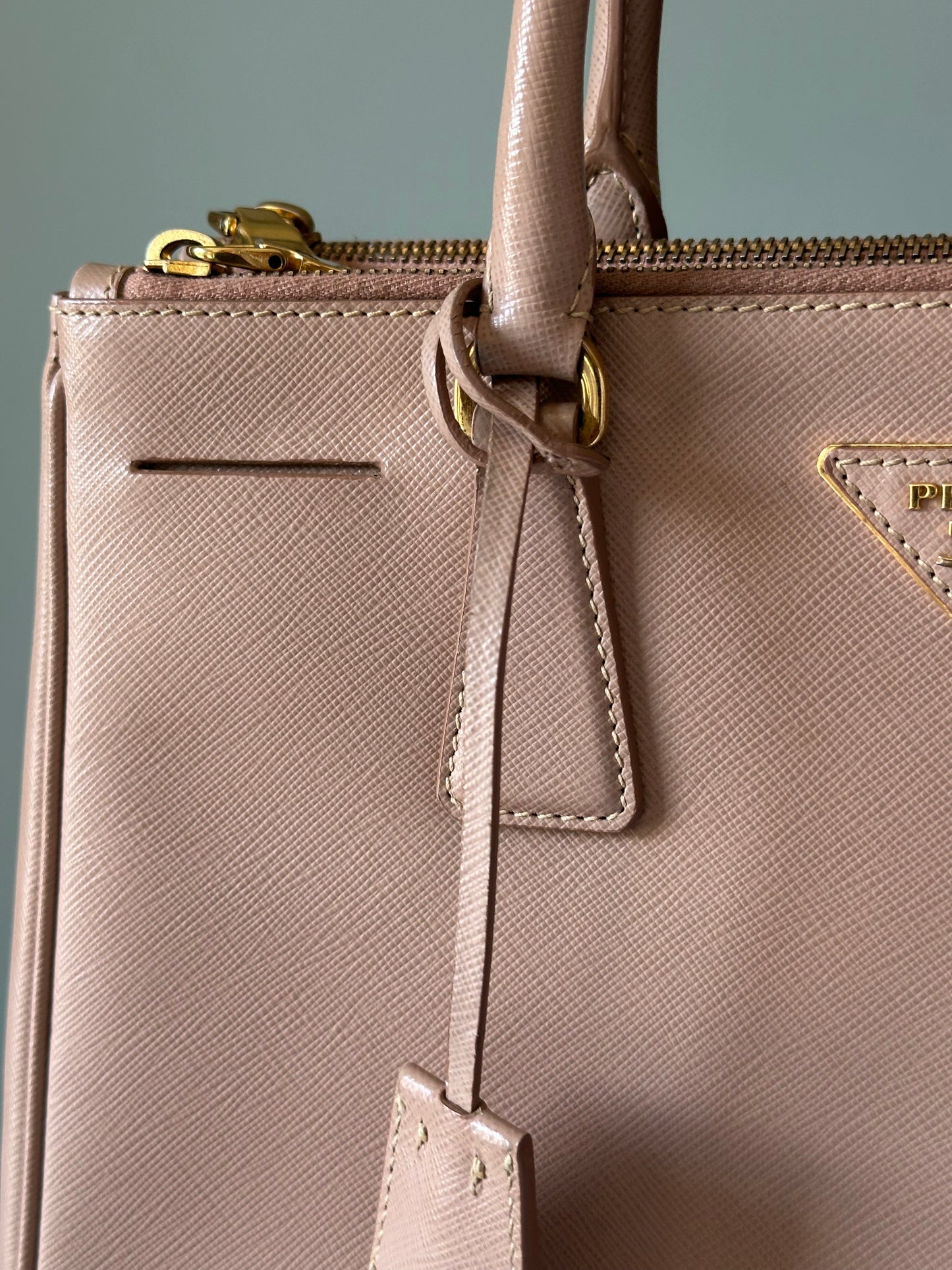 Prada Beige Saffiano Leather Double Zip Galleria Tote with Strap