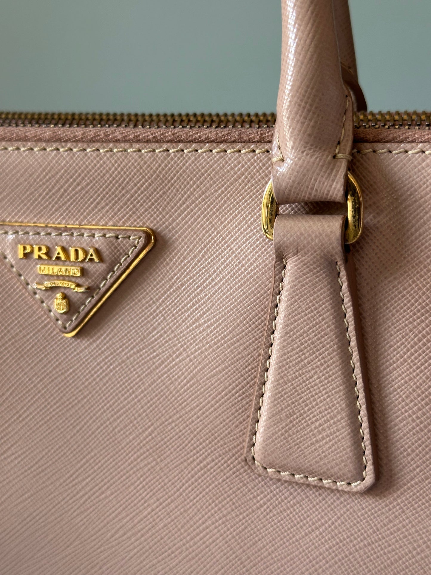 Prada Beige Saffiano Leather Double Zip Galleria Tote with Strap