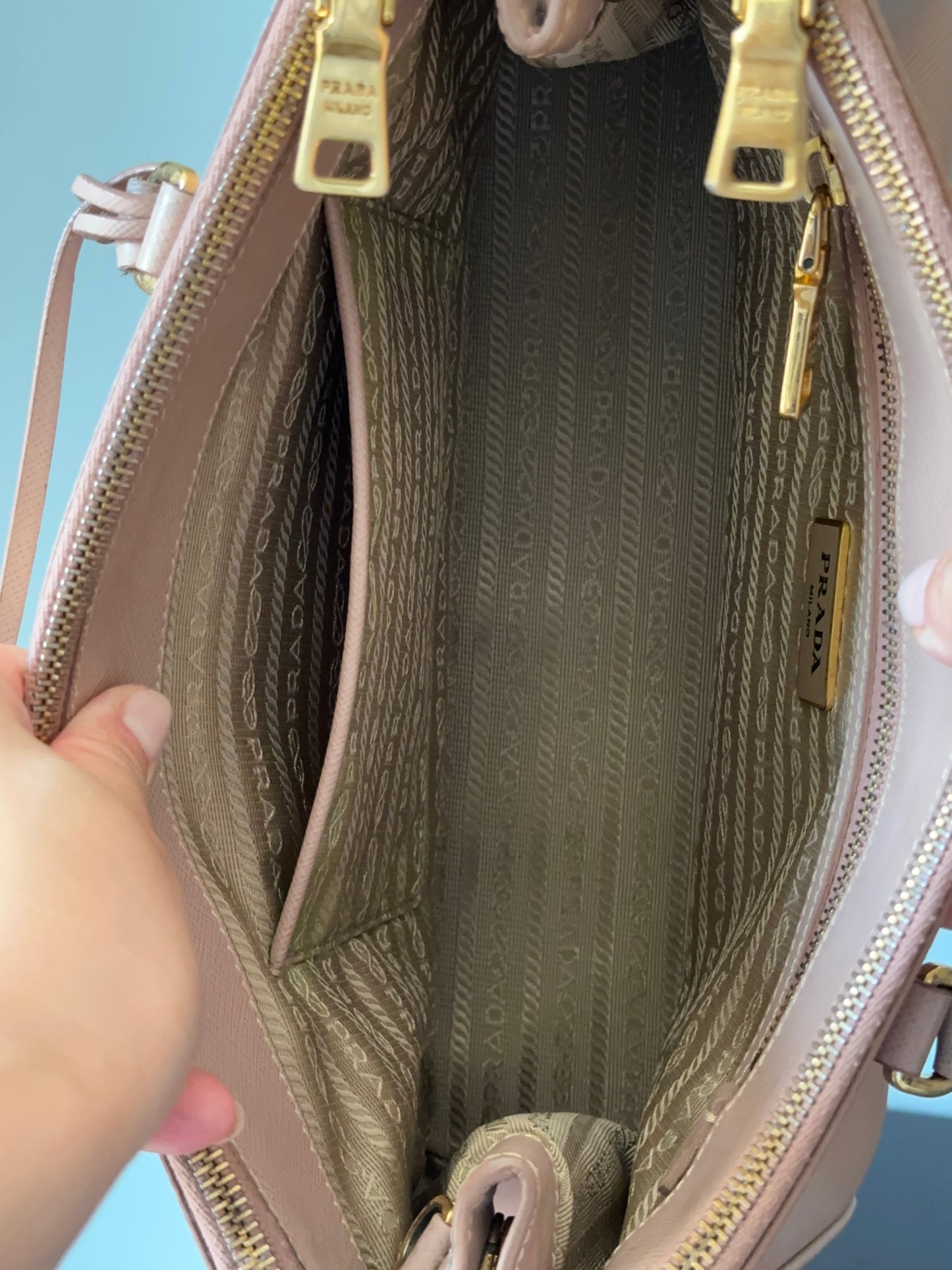 Prada Beige Saffiano Leather Double Zip Galleria Tote with Strap